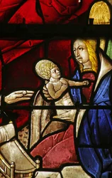 Fenster, das die heilige Elisabeth und die Geburt des heiligen Johannes des Täufers zeigt